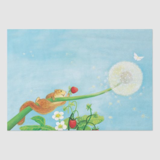 Hazel Dormouse, wilde aardbeien en dandelionpuff Tissuepapier (Voorkant)