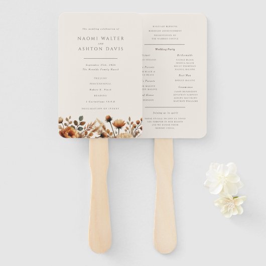 Hazelwood Herfst Floral Wedding Programma Handwaaier (Voorkant en achterkant)