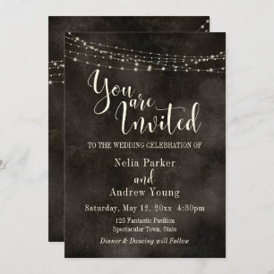 Hazy Black, Light String "You are Invited" Wedding Kaart