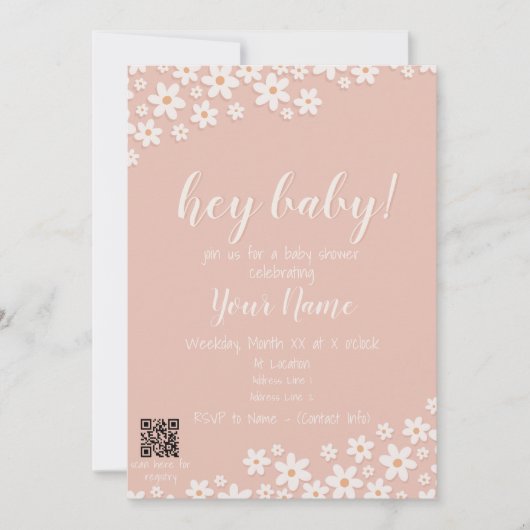 Hé Bébé! Uitnodiging voor babyshower + QR-code van (Voorkant)