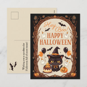 Hé Boo enge schattige zwarte kat heks Halloween Feestdagenkaart