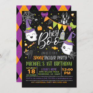 Hé Boo Halloween Birthday Invitation - Blk Kaart