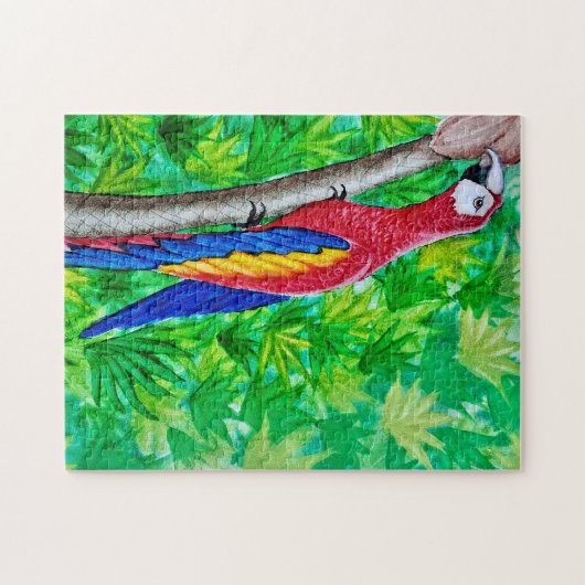 Hé, er zit een scharlaken ara in die boom! legpuzzel (Horizontaal)