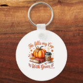 He Fills My Cup With Grace Fall Coffee Pumpkin Chr Sleutelhanger (Voorkant)