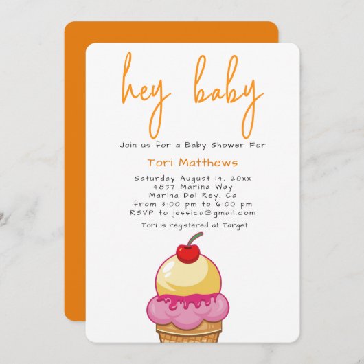 Hé invitation orange de douche de bébé (Devant / Derrière)