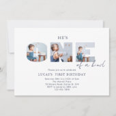 He is ONE of a Kind Photo Navy Blue First Birthday Kaart (Voorkant)