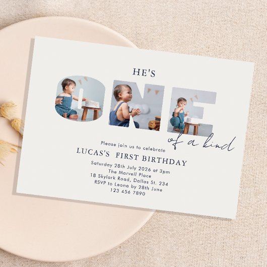 He is ONE of a Kind Photo Navy Blue First Birthday Kaart