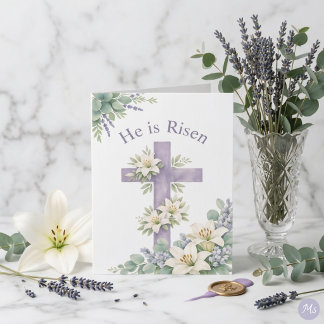 He is Risen Easter 2026 Religious Floral Cross Feestdagen Kaart