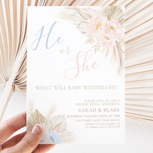 He Or She Boho Pink Blue Gender Reveal Kaart