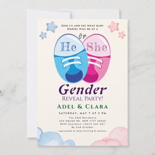 He or She Gender Reveal Invitation Kaart (Voorkant)