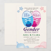 He or She Gender Reveal Invitation Kaart (Voorkant / Achterkant)