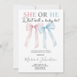 He or She Pink Blue Bow Baby Gender Reveal Kaart