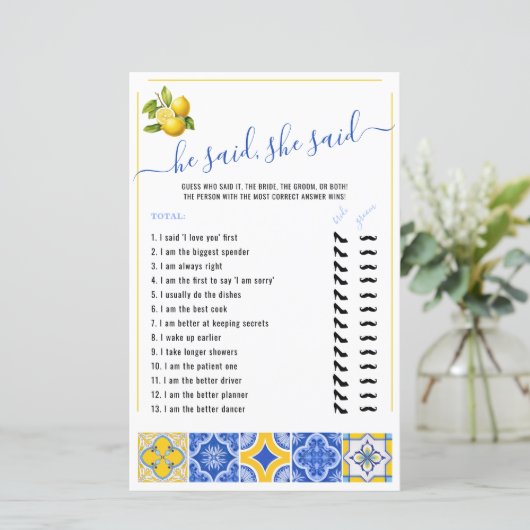 He Said She Said Blue Tiles Bridal Shower Game (Staand voorkant)