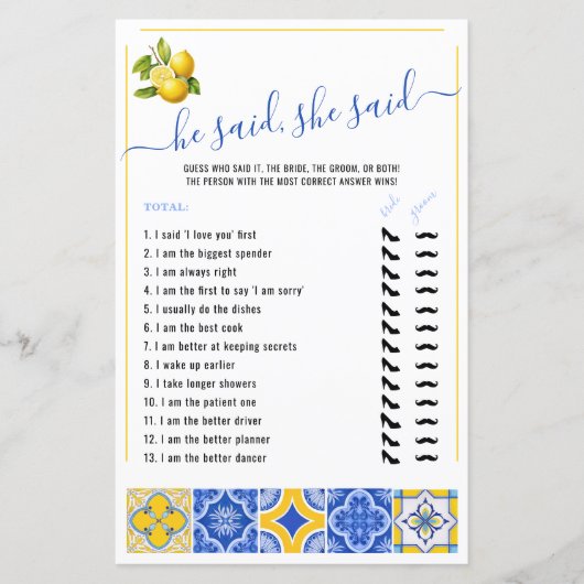 He Said She Said Blue Tiles Bridal Shower Game (Voorkant)
