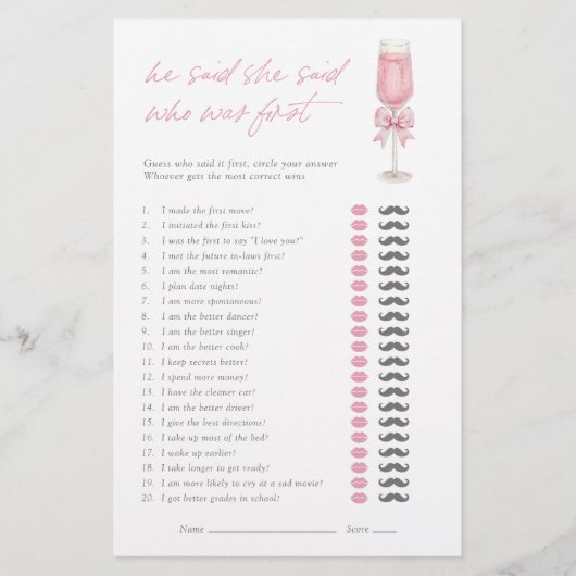 He Said She Said Pink Bow Champagne Bridal Game (Voorkant)
