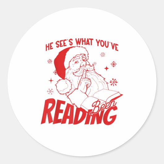 He Sees What You've Been Reading Santa Bookish Chr Ronde Sticker (Voorkant)