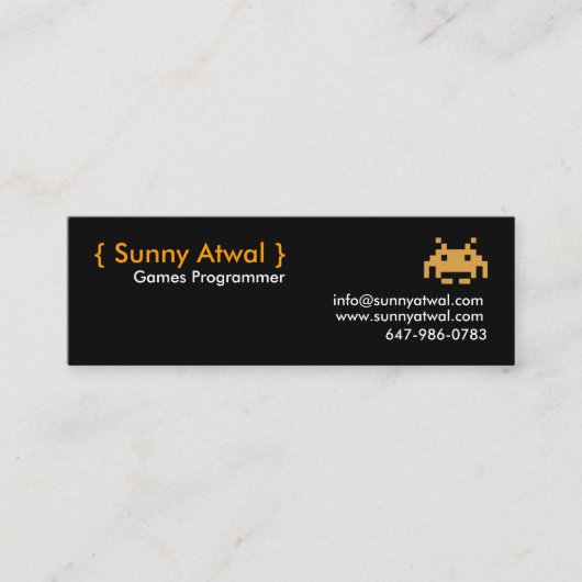 header, { Sunny Atwal }, Games Programmer, info... Mini Visitekaartje (Voorkant)