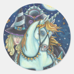 HEADLESS HORSEMAN GOTHIC WITCH, UNICORN, OWL RONDE STICKER