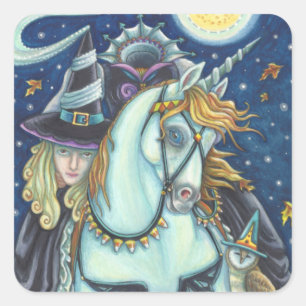 HEADLESS HORSEMAN GOTHIC WITCH, UNICORN, OWL VIERKANTE STICKER
