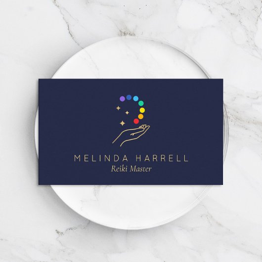 Healing Hand Logo Reiki, Massagetherapie Donkerbla Visitekaartje
