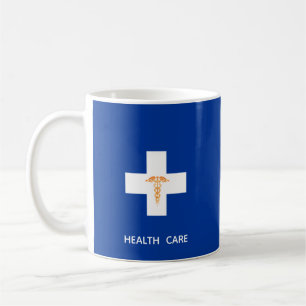 Health Care White Cross, Golden Caduceus op Blue Koffiemok