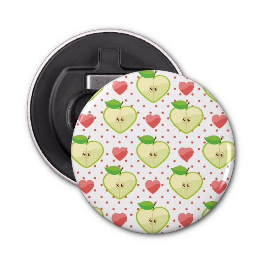 Heart appels met roze pokadots en harten button flesopener (Voorkant)