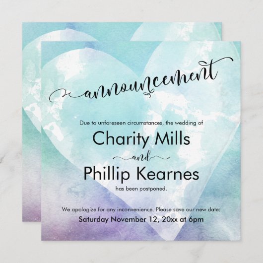 Heart Aqua Purple Postpond Mariage Faire-part (Devant / Derrière)