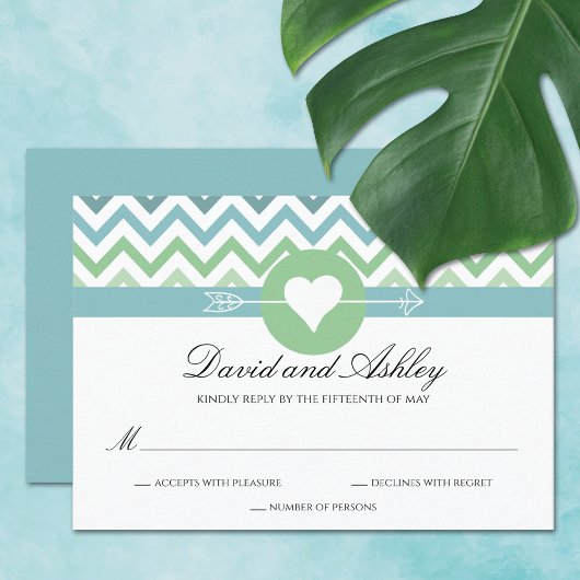 Heart Arrow Chevron Beach bruiloft RSVP Kaartje