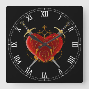 Heart & Daggers Square Roman Numerals Clock Vierkante Klok