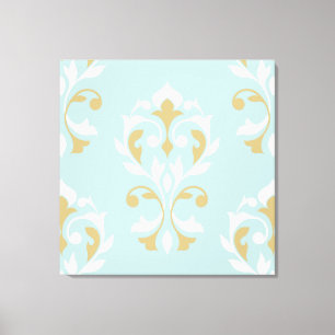 Heart Damask LG Ptn II Cream & Gold on Blue Canvas Afdruk