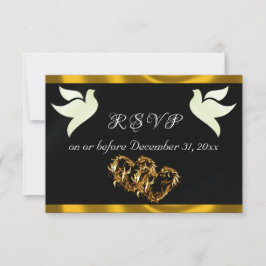 Heart, Doves & Ribbon - Black/Gold RSVP Kaartje