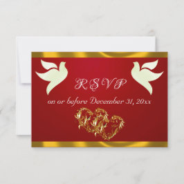 Heart, Doves & Ribbon - Crimson/Gold RSVP Kaartje