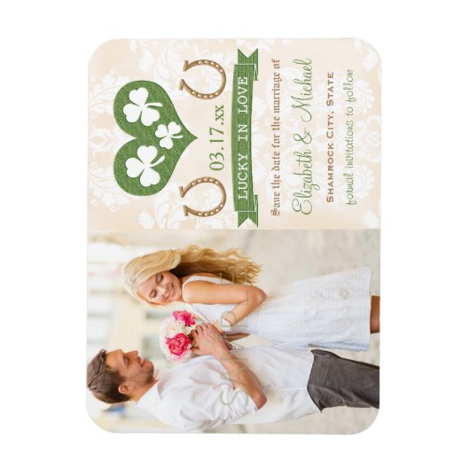 Heart en Shamrock Lucky Hoefijzer Save the Date Magneet (Verticaal)