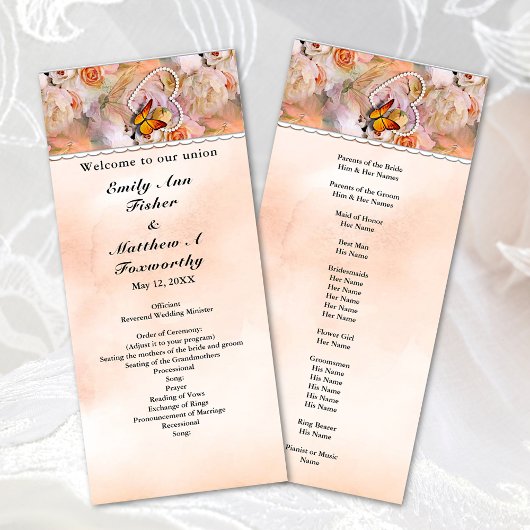 Heart Floral Roos Butterfly Pearls Wedding Program Programma