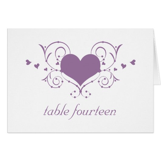 Heart Flourish Table Number Kaart, Paars (Voorkant Horizontaal)