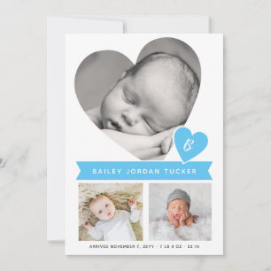Heart Foto Collage Blue Gingham Baby Boy Birth Aankondiging