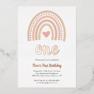 Heart Girl Boho Rainbow First Birthday Roos Gold Folie Uitnodiging
