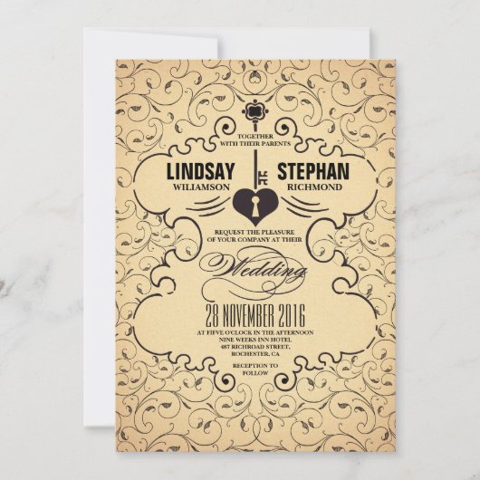 Heart Key Vintage Wedding Invitation (Devant)