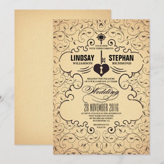 Heart Key Vintage Wedding Invitation (Devant / Derrière)