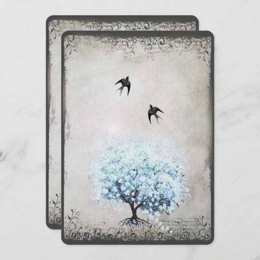 Heart Leaf Blue Tree Bird Silver Parchment Kaart (Voorkant / Achterkant)