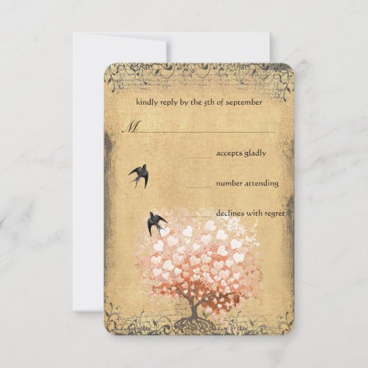 Heart Leaf Coral Tree Love Bird Wedding RSVP (Voorkant)