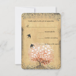 Heart Leaf Coral Tree Love Bird Wedding RSVP Kaartje