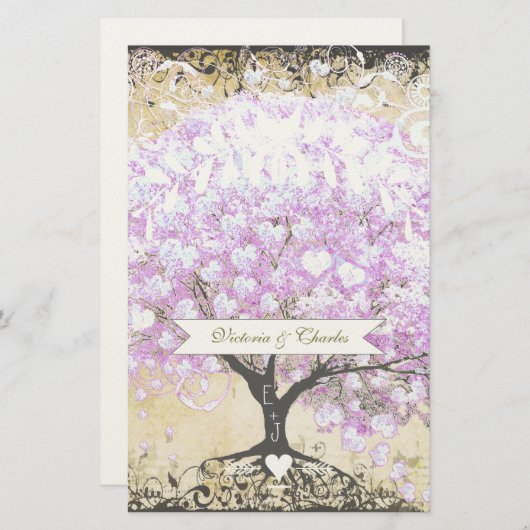 Heart Leaf Lavender Tree  Bird Wedding Briefpapier (Voorkant / Achterkant)