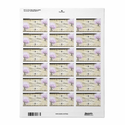 Heart Leaf Lavender Tree Bird Wedding Etiket (Full Sheet)