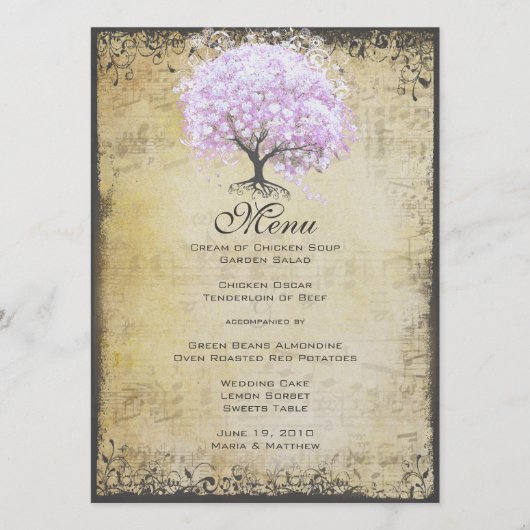 Heart Leaf Lavender Tree Bird Wedding Menu (Voorkant)
