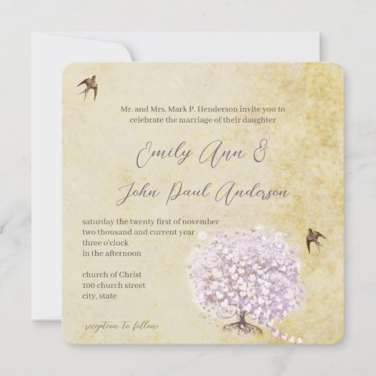 Heart Leaf Paarse Tree Bird Wedding Invite Kaart (Voorkant)