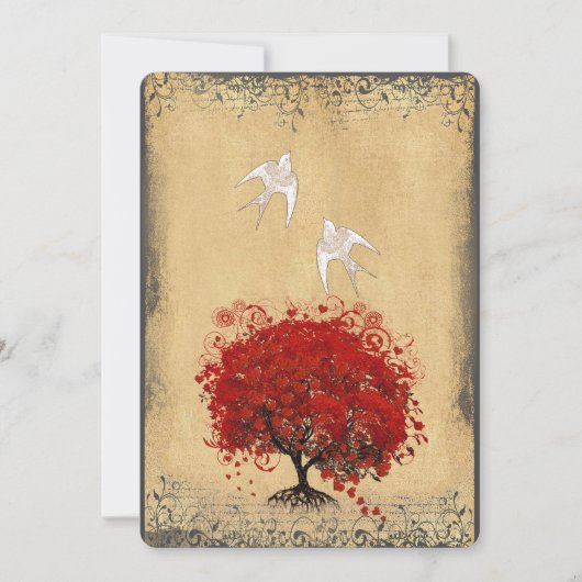 Heart Leaf Red Tree Dove Love Bird Wedite Invite Kaart (Voorkant)