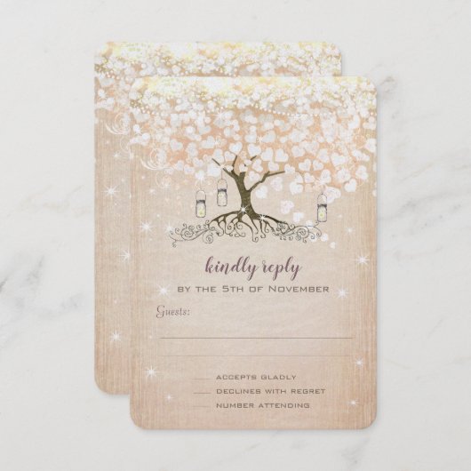 Heart Leaf Tree Roos Gold Wedding Invitae Kaart (Voorkant / Achterkant)