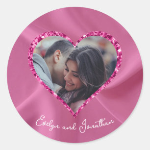 Heart Lijst Aangepast Foto Blush roze met diamante Ronde Sticker