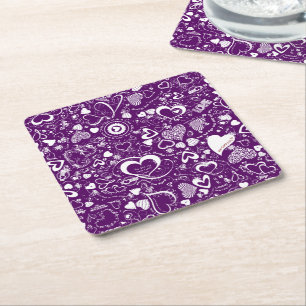 Heart Love Doodles Paars-Wht-Disposable Onderzette Vierkante Kartonnen Onderzetter